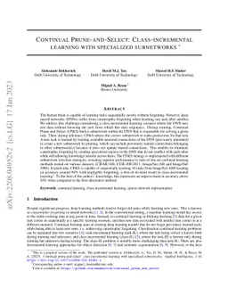 Continual Prune-and-Select: Class-incremental learning with specialized
  subnetworks