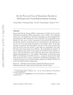 On the Pros and Cons of Momentum Encoder in Self-Supervised Visual
  Representation Learning