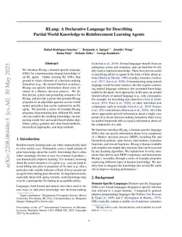 RLang: A Declarative Language for Describing Partial World Knowledge to
  Reinforcement Learning Agents