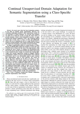 Continual Unsupervised Domain Adaptation for Semantic Segmentation using
  a Class-Specific Transfer