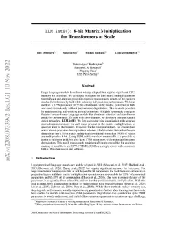 LLM.int8(): 8-bit Matrix Multiplication for Transformers at Scale
