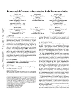 Disentangled Contrastive Learning for Social Recommendation