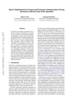 Sparse Optimization for Unsupervised Extractive Summarization of Long
  Documents with the Frank-Wolfe Algorithm