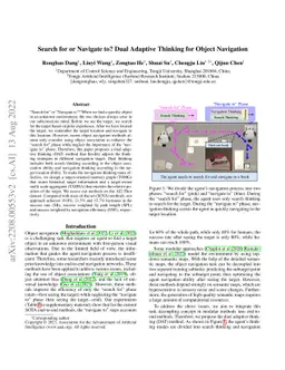 Search for or Navigate to? Dual Adaptive Thinking for Object Navigation