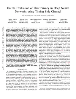 On the Evaluation of User Privacy in Deep Neural Networks using Timing
  Side Channel