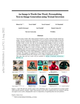 An Image is Worth One Word: Personalizing Text-to-Image Generation using
  Textual Inversion