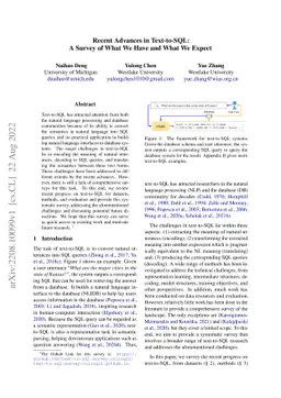 Recent Advances in Text-to-SQL: A Survey of What We Have and What We
  Expect
