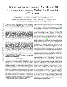 Spiral Contrastive Learning: An Efficient 3D Representation Learning
  Method for Unannotated CT Lesions
