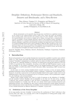Deepfake: Definitions, Performance Metrics and Standards, Datasets and
  Benchmarks, and a Meta-Review