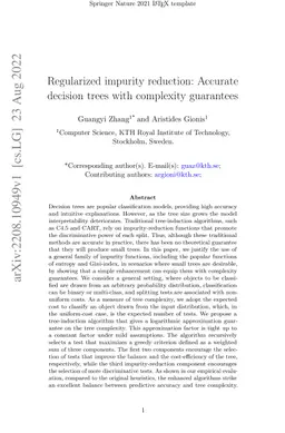 Regularized impurity reduction: Accurate decision trees with complexity
  guarantees