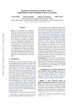 Of Human Criteria and Automatic Metrics: A Benchmark of the Evaluation
  of Story Generation