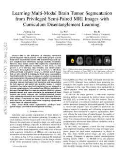 Learning Multi-Modal Brain Tumor Segmentation from Privileged
  Semi-Paired MRI Images with Curriculum Disentanglement Learning