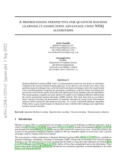A preprocessing perspective for quantum machine learning classification
  advantage using NISQ algorithms
