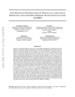 Fast Bayesian Optimization of Needle-in-a-Haystack Problems using
  Zooming Memory-Based Initialization (ZoMBI)