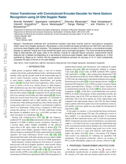 Vision Transformer with Convolutional Encoder-Decoder for Hand Gesture
  Recognition using 24 GHz Doppler Radar