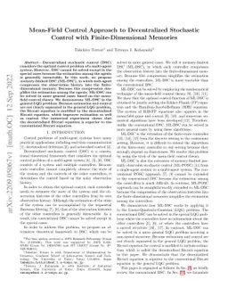Mean-Field Control Approach to Decentralized Stochastic Control with
  Finite-Dimensional Memories