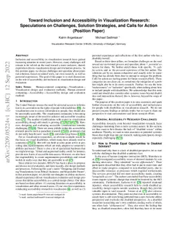 Toward Inclusion and Accessibility in Visualization Research:
  Speculations on Challenges, Solution Strategies, and Calls for Action
  (Position Paper)