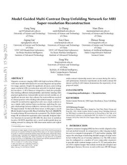 Model-Guided Multi-Contrast Deep Unfolding Network for MRI
  Super-resolution Reconstruction