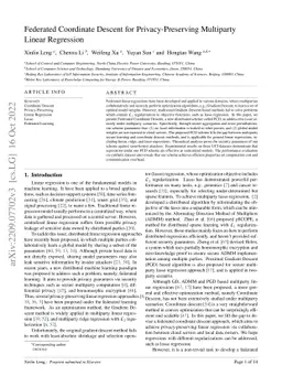 Federated Coordinate Descent for Privacy-Preserving Multiparty Linear
  Regression