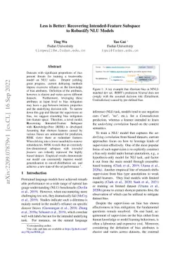 Less is Better: Recovering Intended-Feature Subspace to Robustify NLU
  Models