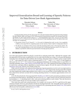 Improved Generalization Bound and Learning of Sparsity Patterns for
  Data-Driven Low-Rank Approximation