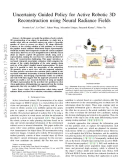 Uncertainty Guided Policy for Active Robotic 3D Reconstruction using
  Neural Radiance Fields