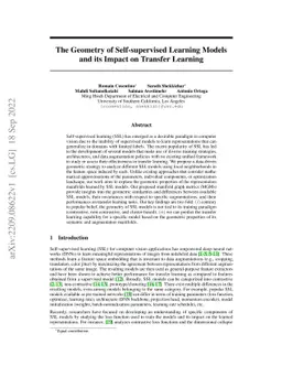 The Geometry of Self-supervised Learning Models and its Impact on
  Transfer Learning