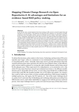 Mapping Climate Change Research via Open Repositories & AI: advantages
  and limitations for an evidence-based R&D policy-making