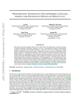 Probabilistic Generative Transformer Language models for Generative
  Design of Molecules