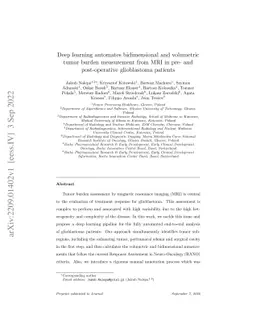 Deep learning automates bidimensional and volumetric tumor burden
  measurement from MRI in pre- and post-operative glioblastoma patients
