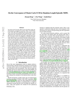 On the Convergence of Monte Carlo UCB for Random-Length Episodic MDPs
