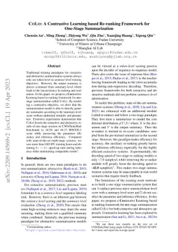 COLO: A Contrastive Learning based Re-ranking Framework for One-Stage
  Summarization
