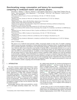 Benchmarking energy consumption and latency for neuromorphic computing
  in condensed matter and particle physics