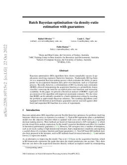 Batch Bayesian optimisation via density-ratio estimation with guarantees