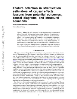 Feature selection in stratification estimators of causal effects:
  lessons from potential outcomes, causal diagrams, and structural equations