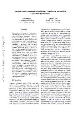 Multiple-Choice Question Generation: Towards an Automated Assessment
  Framework