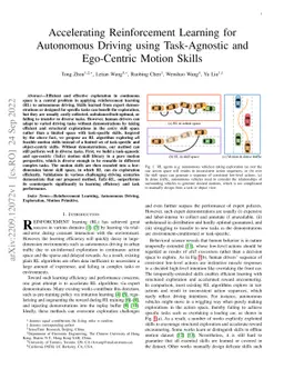 Accelerating Reinforcement Learning for Autonomous Driving using
  Task-Agnostic and Ego-Centric Motion Skills
