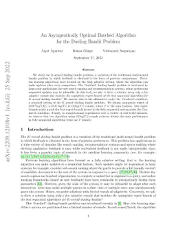 An Asymptotically Optimal Batched Algorithm for the Dueling Bandit
  Problem