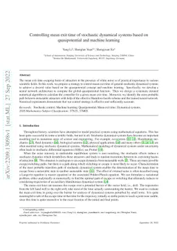 Controlling mean exit time of stochastic dynamical systems based on
  quasipotential and machine learning