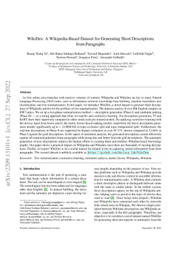 WikiDes: A Wikipedia-Based Dataset for Generating Short Descriptions
  from Paragraphs