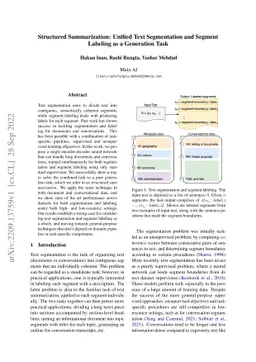Structured Summarization: Unified Text Segmentation and Segment Labeling
  as a Generation Task