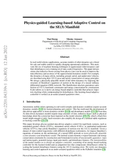 Physics-guided Learning-based Adaptive Control on the SE(3) Manifold