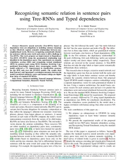 Recognizing semantic relation in sentence pairs using Tree-RNNs and
  Typed dependencies