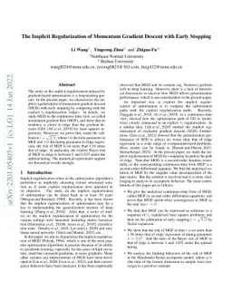 The Implicit Regularization of Momentum Gradient Descent with Early
  Stopping
