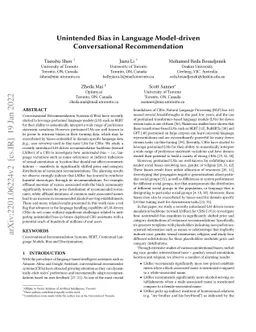 Unintended Bias in Language Model-driven Conversational Recommendation