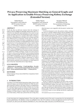 Privacy-Preserving Maximum Matching on General Graphs and its
  Application to Enable Privacy-Preserving Kidney Exchange