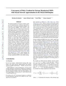 Convergence of Policy Gradient for Entropy Regularized MDPs with Neural
  Network Approximation in the Mean-Field Regime