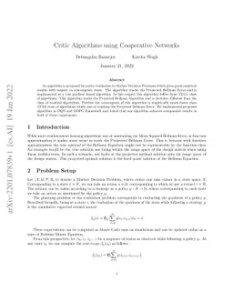 Critic Algorithms using Cooperative Networks