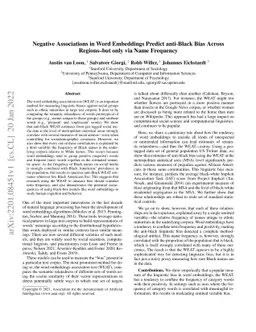 Regional Negative Bias in Word Embeddings Predicts Racial Animus--but
  only via Name Frequency