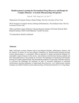 Reinforcement Learning for Personalized Drug Discovery and Design for
  Complex Diseases: A Systems Pharmacology Perspective